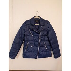 Victoria's Secret Navy Blue Puffer Moto Jacket Women Med. Down Blend Zip Pockets